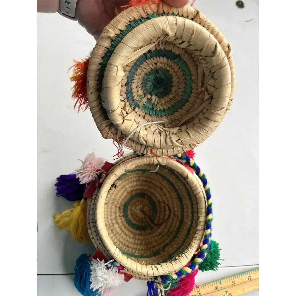 Moroccan handmade straw Lidded Baker pom poms, Boho Folk Art Raffia box